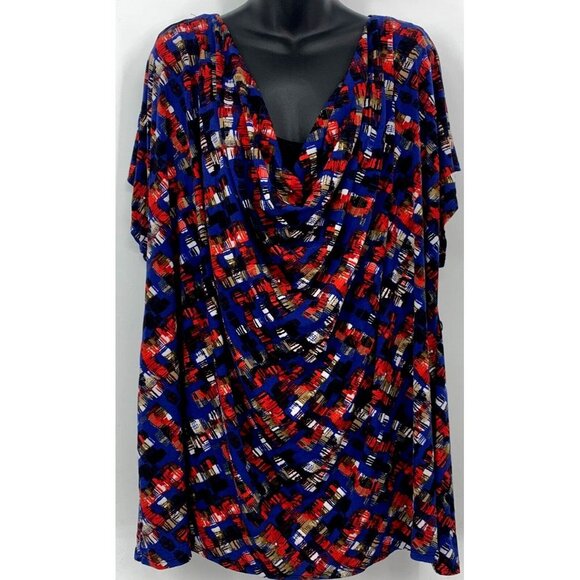 Motherhood Maternity Women Top Plus 3X Red Blue Stretch Cowl Neck Short Sleeve - Picture 1 of 6